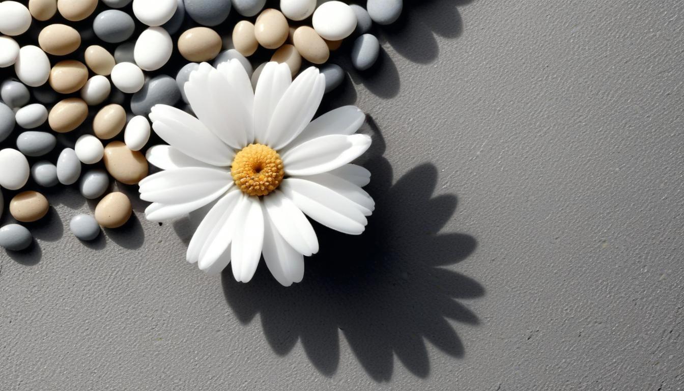 White daisy and stones on gray surface White daisy and stones on gray surface