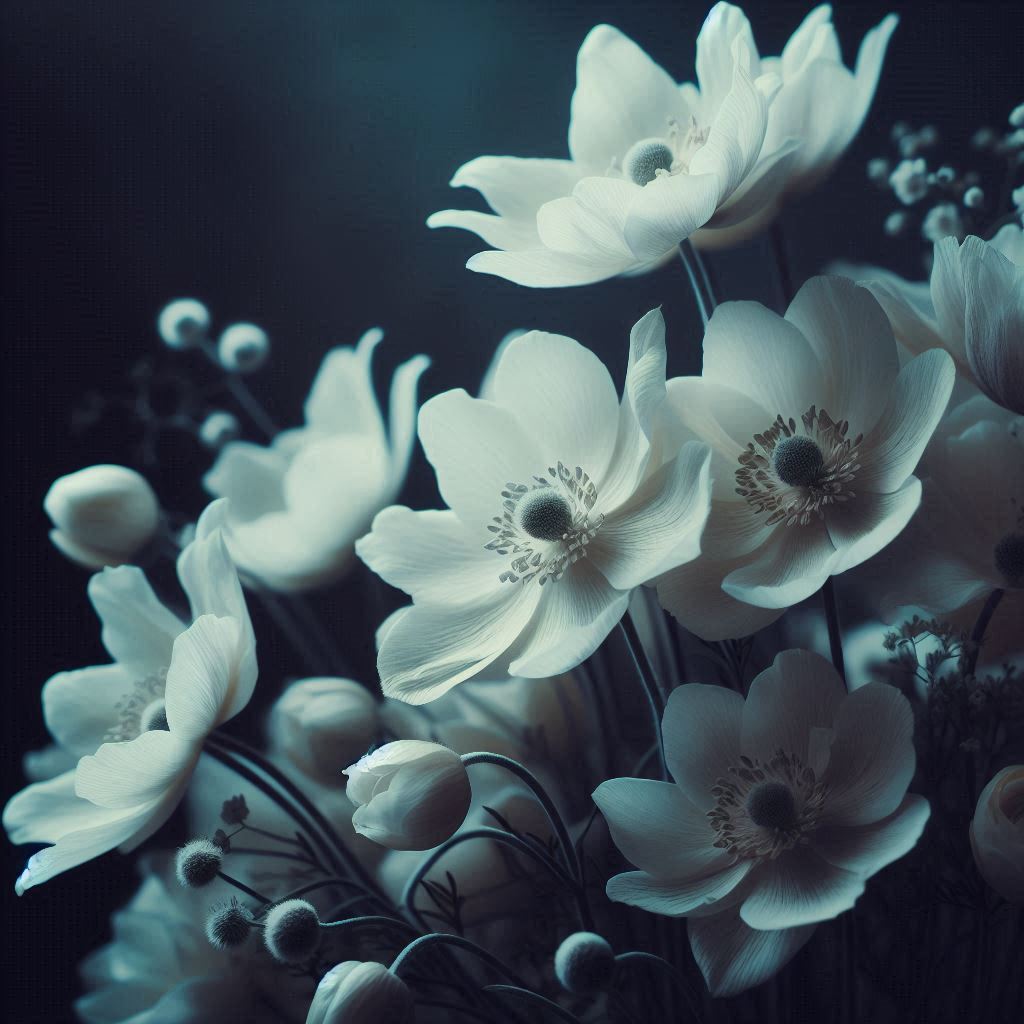 White anemones in a dark setting White anemones in a dark setting