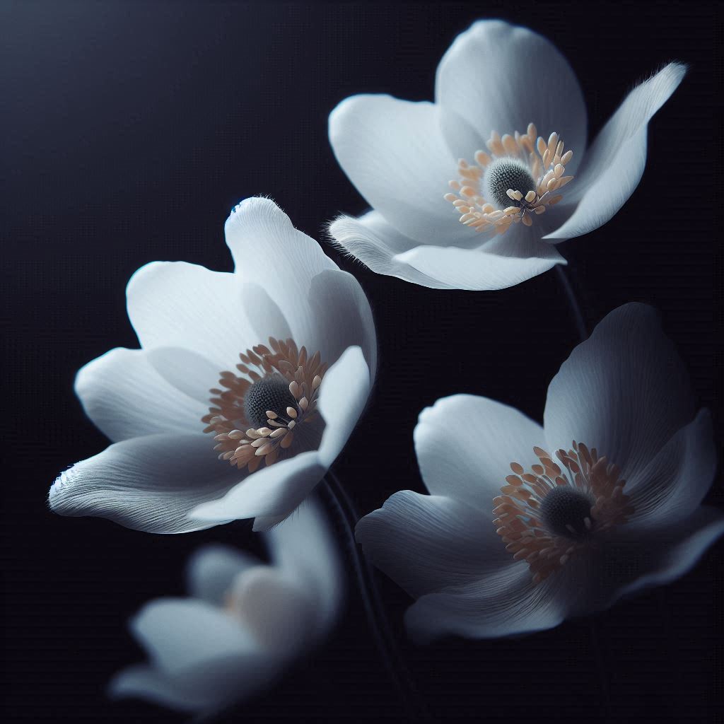 White anemone flowers in dark background White anemone flowers in dark background