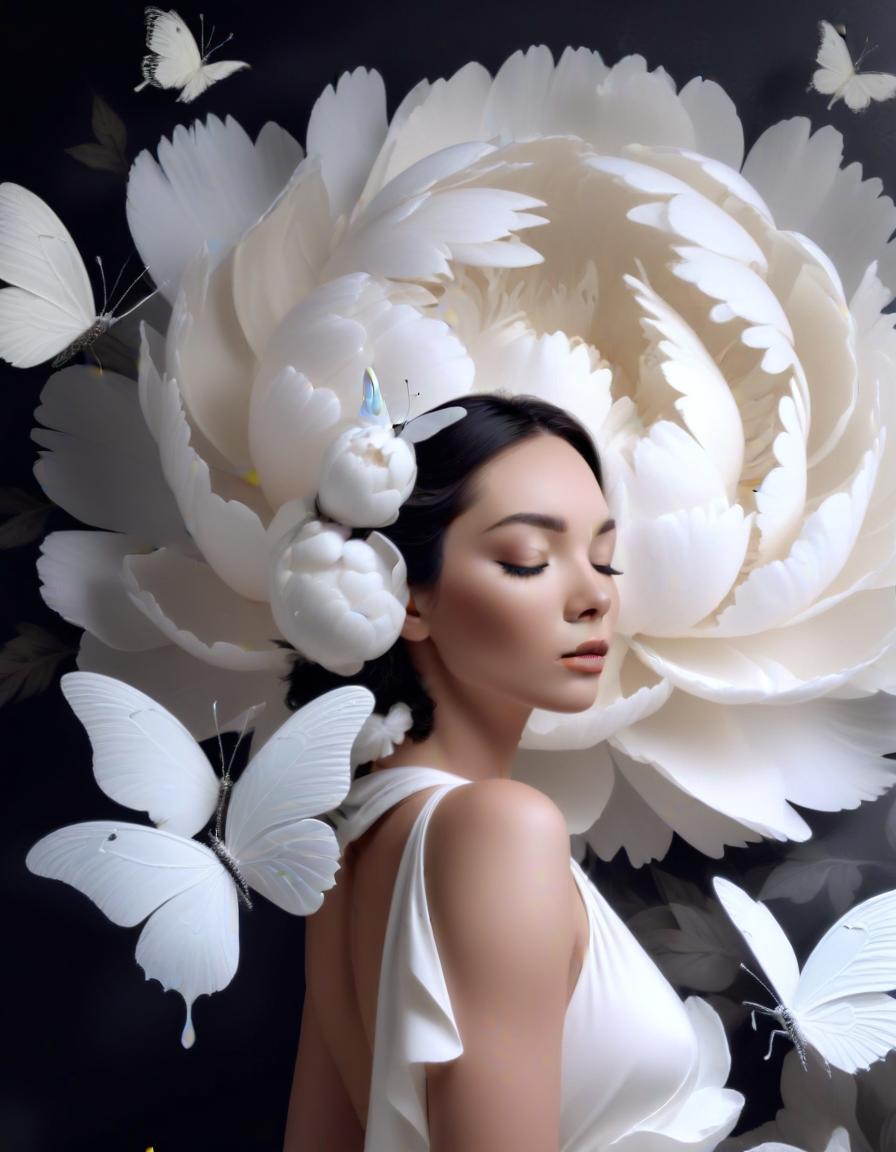 Woman posing with white peonies and butterflies Woman posing with white peonies and butterflies
