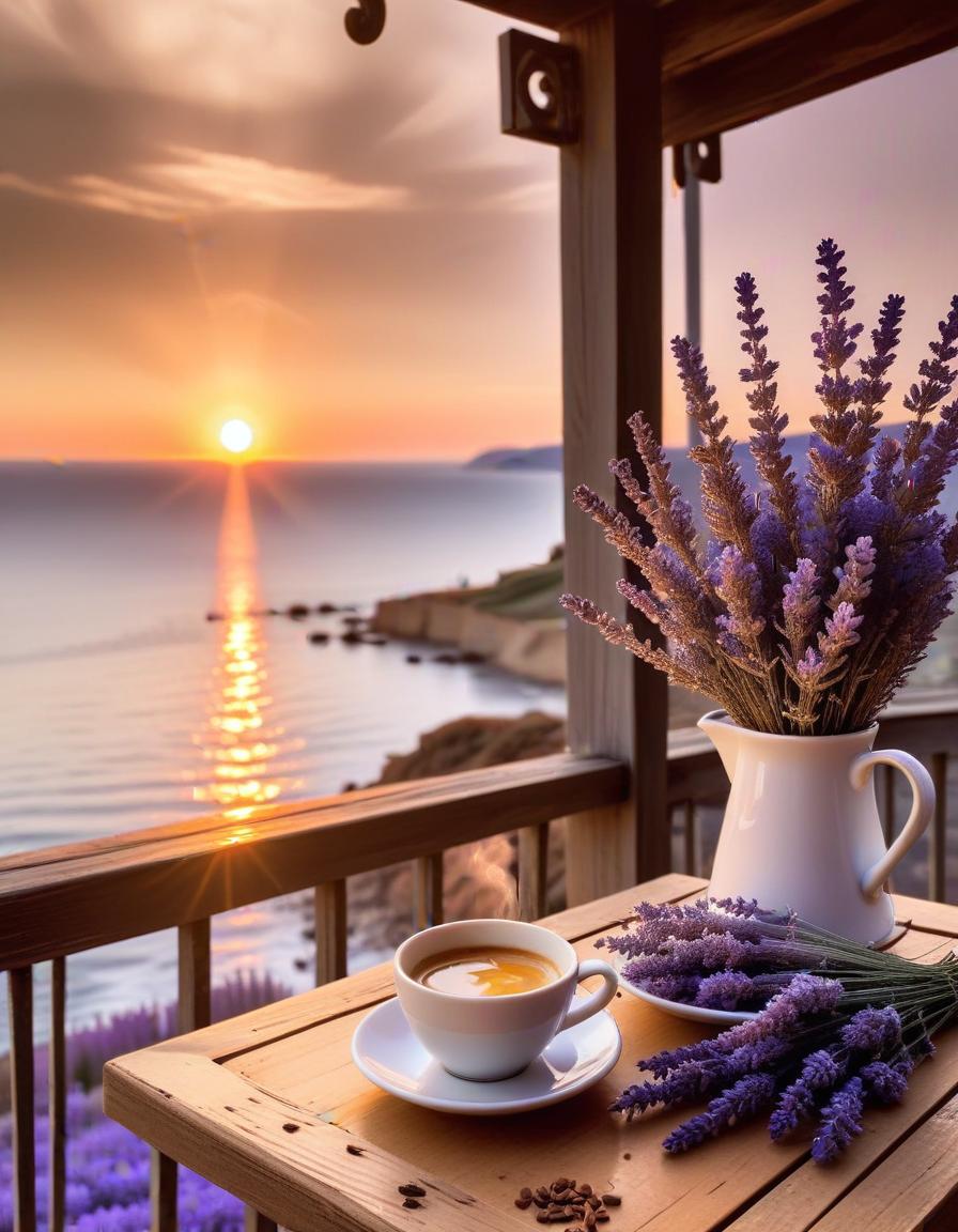 Sunset coffee on a coastal balcony Sunset coffee on a coastal balcony