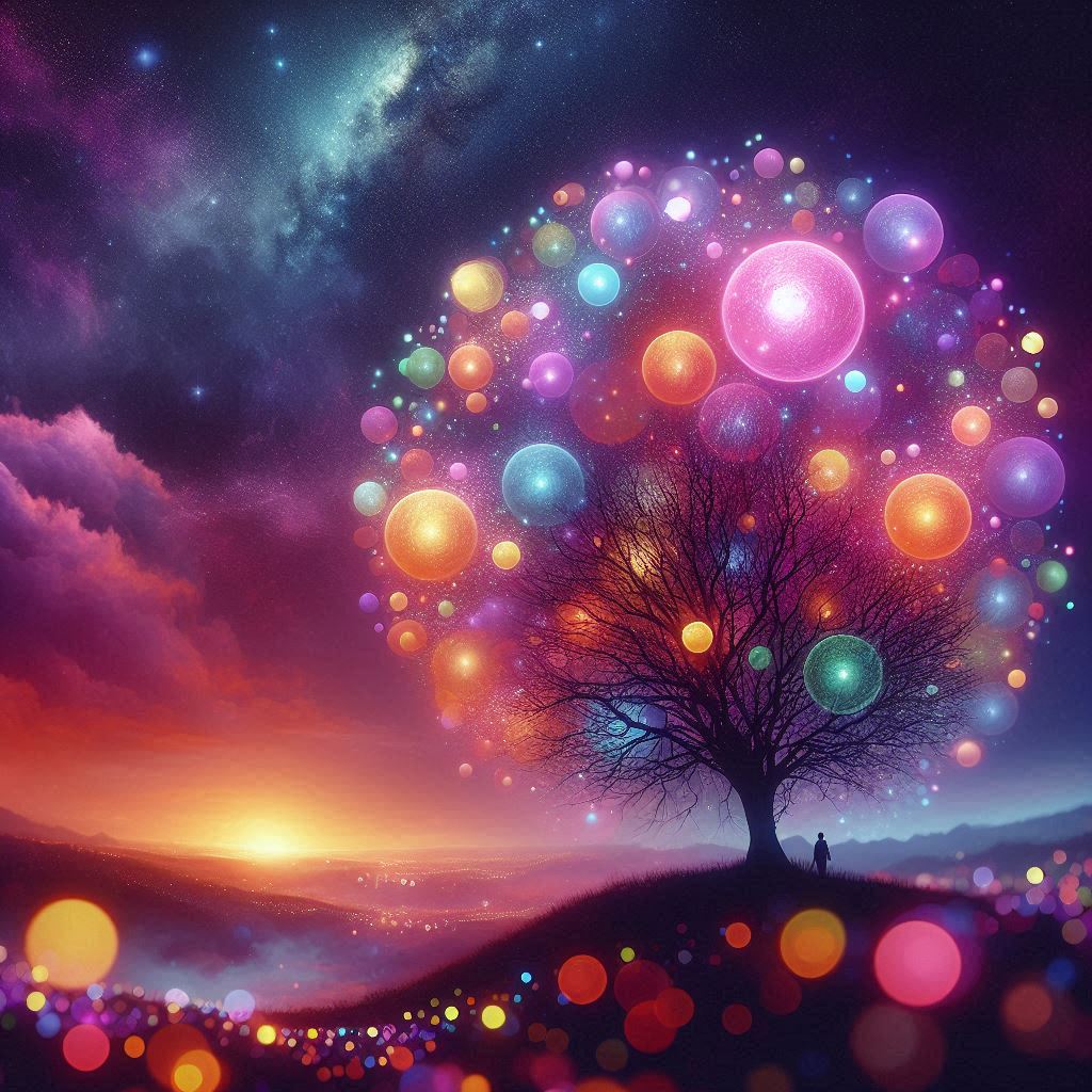 Lonely figure under a luminous tree Lonely figure under a luminous tree