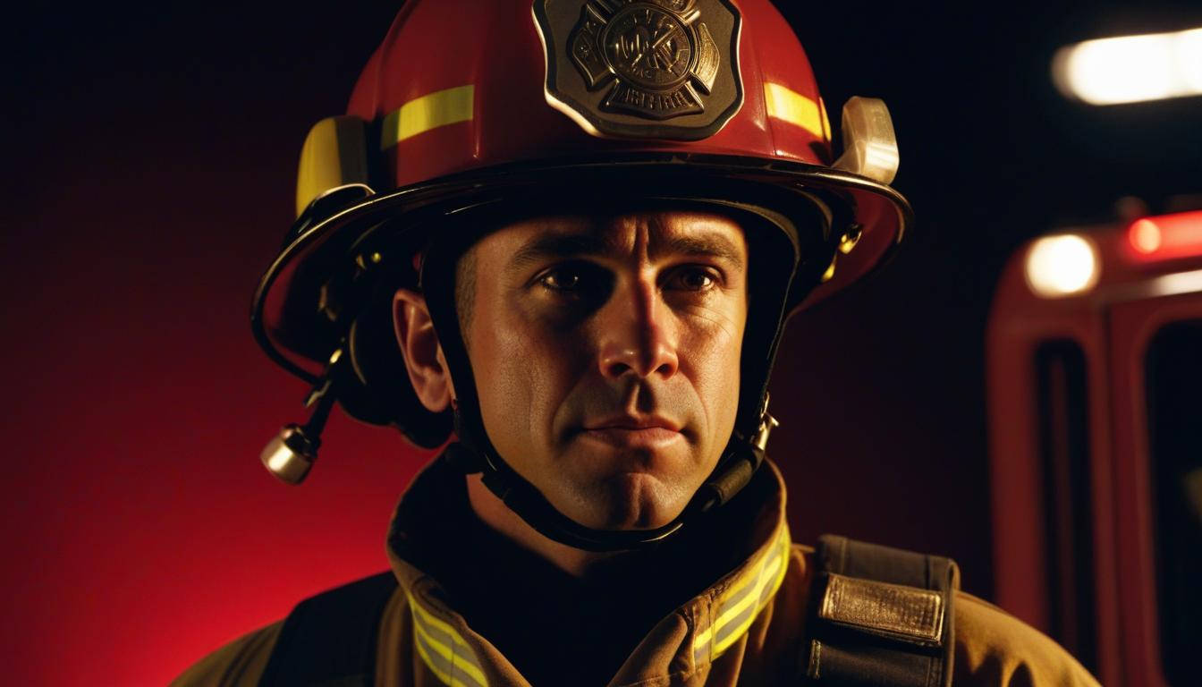 Firefighter in helmet, night scene Firefighter in helmet, night scene