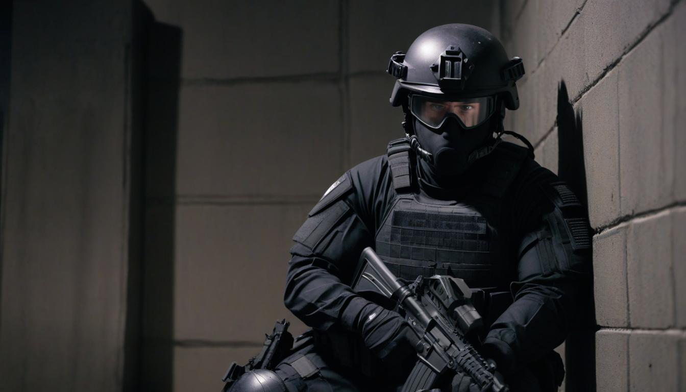 Swat officer in a dark corridor Swat officer in a dark corridor