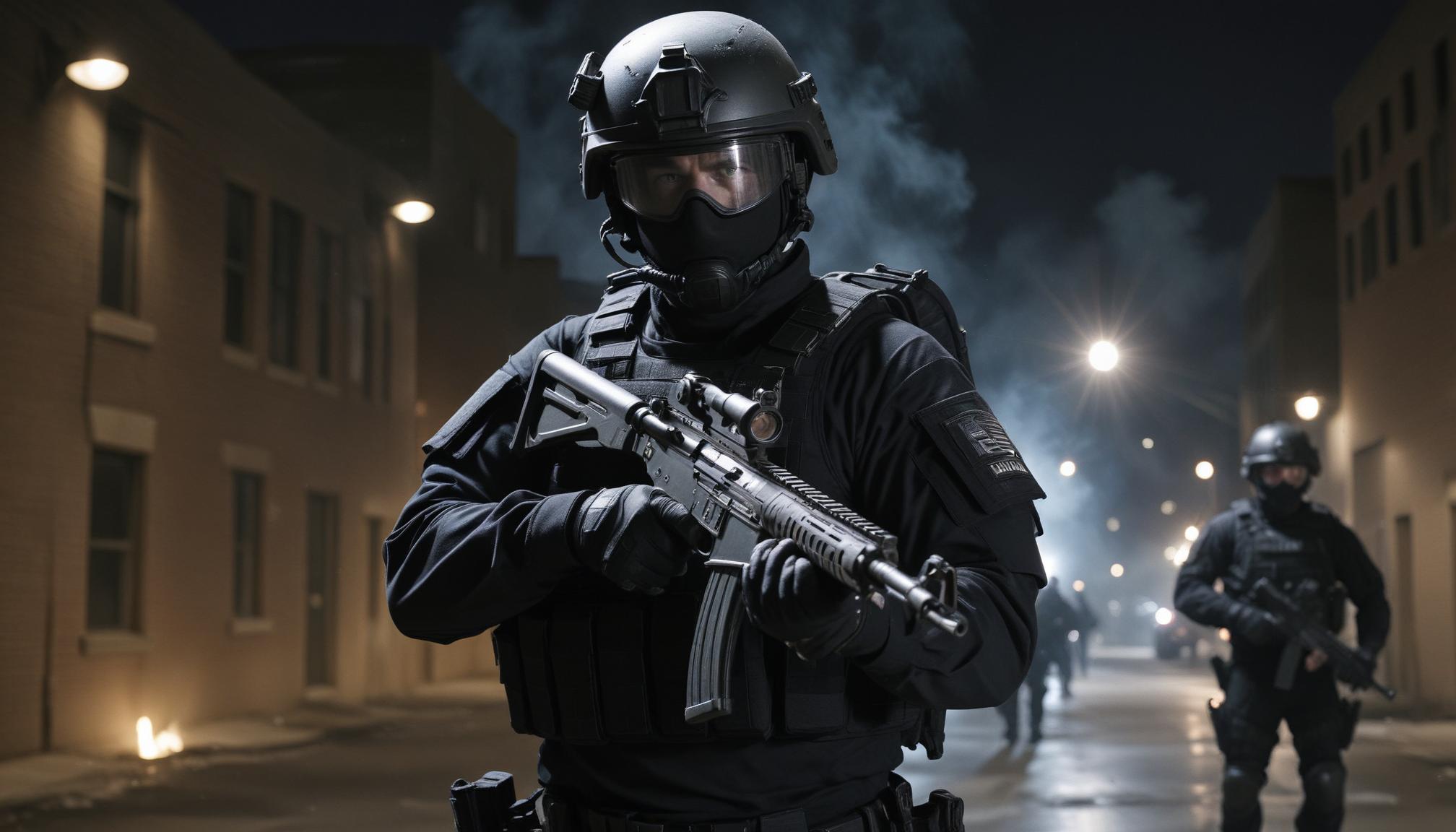 Swat team operative in urban setting Swat team operative in urban setting