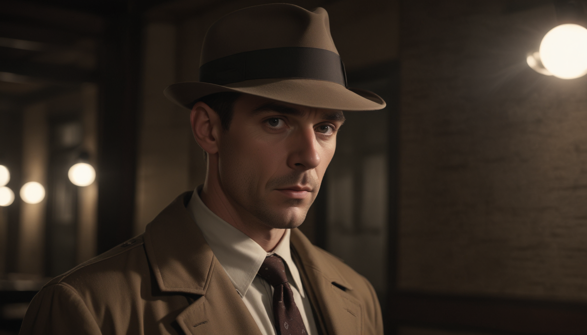 Man in fedora stands in dimly lit room Man in fedora stands in dimly lit room