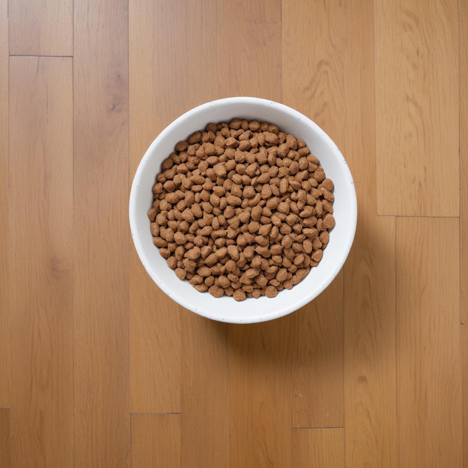 Bowl of dry dog food on wood floor Bowl of dry dog food on wood floor