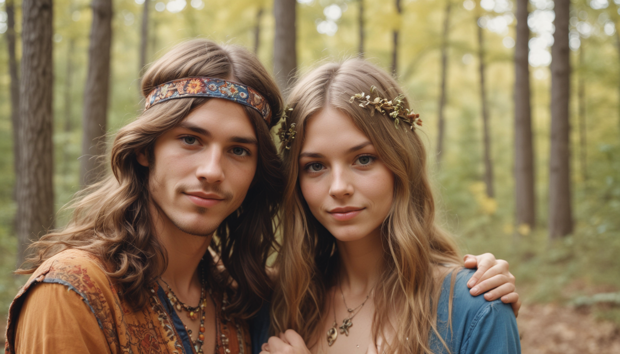 Couple in forest with flower crowns Couple in forest with flower crowns