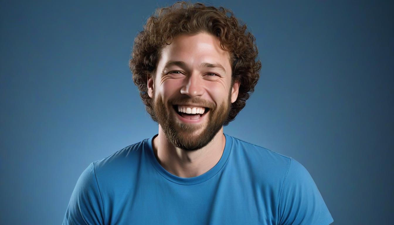 Man laughing in blue t-shirt Man laughing in blue t-shirt