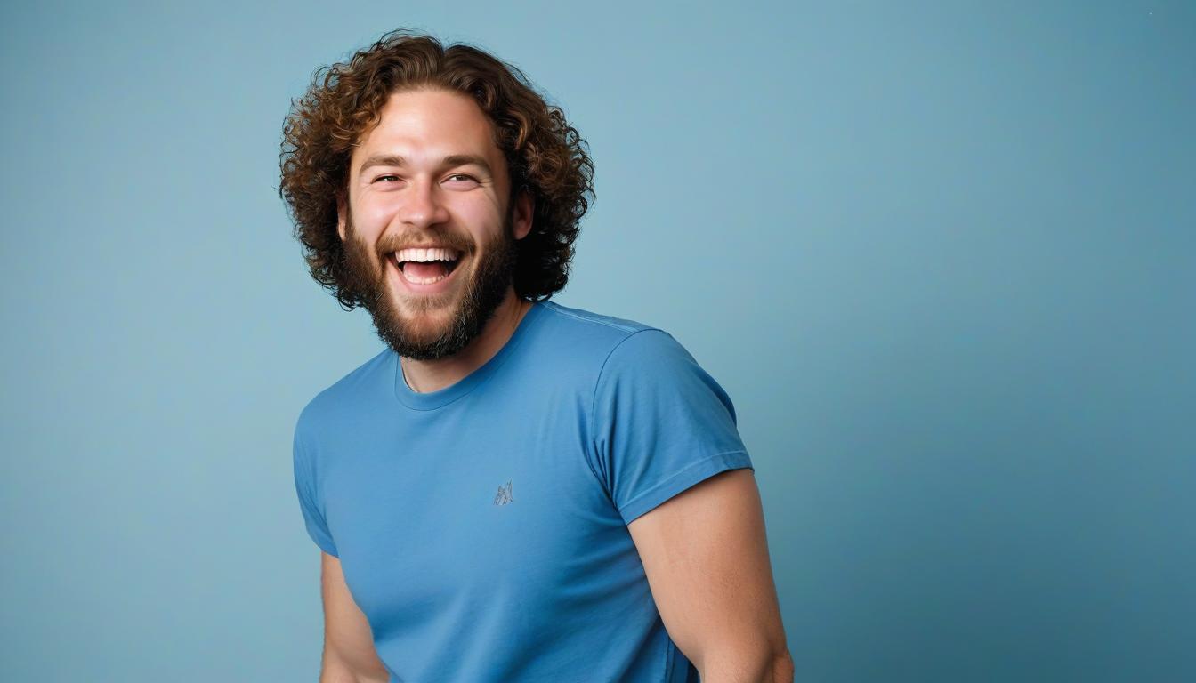 Man laughing in blue t-shirt Man laughing in blue t-shirt
