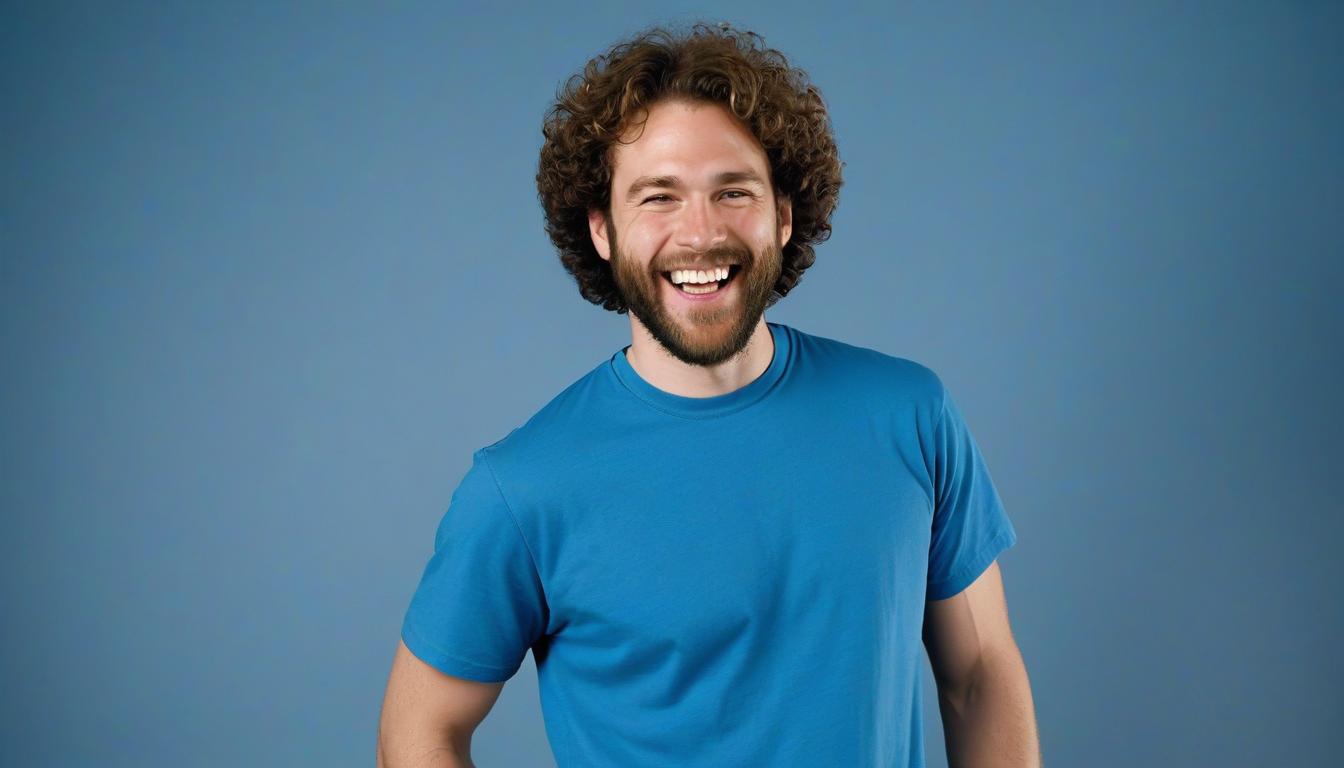 Man smiling in blue t-shirt Man smiling in blue t-shirt