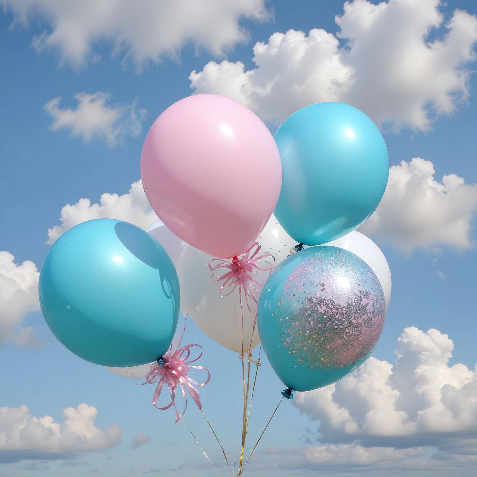 Pink, blue, and white balloons in sky Pink, blue, and white balloons in sky