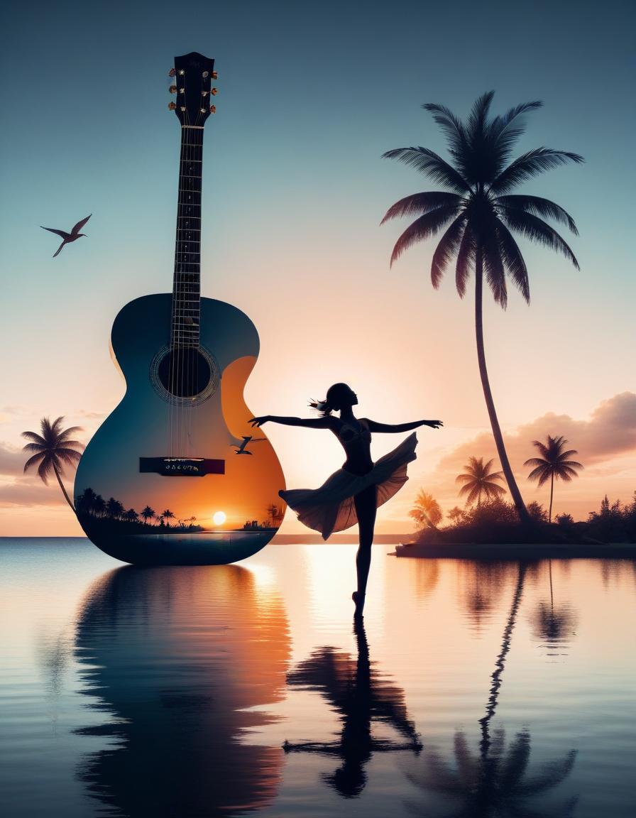 Silhouette of dancer with guitar at sunset Silhouette of dancer with guitar at sunset