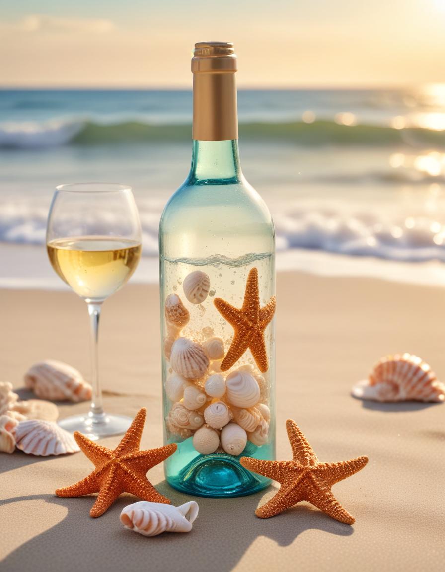 Wine bottle with seashells on beach Wine bottle with seashells on beach