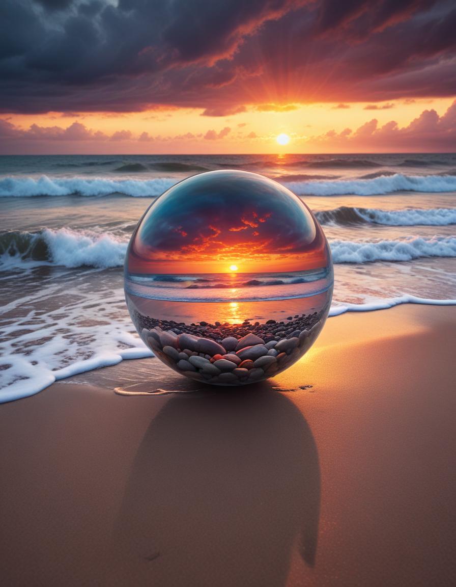 Sunset reflected in glass orb on beach Sunset reflected in glass orb on beach