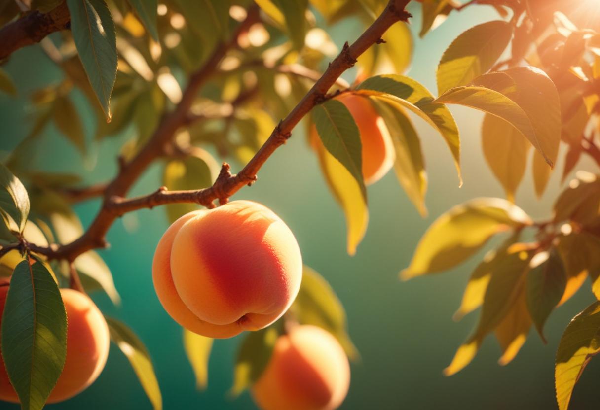 Ripe peaches on a branch in sunlight Ripe peaches on a branch in sunlight