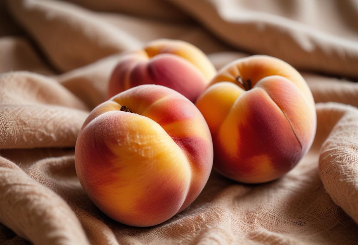 Three ripe peaches on linen cloth Three ripe peaches on linen cloth