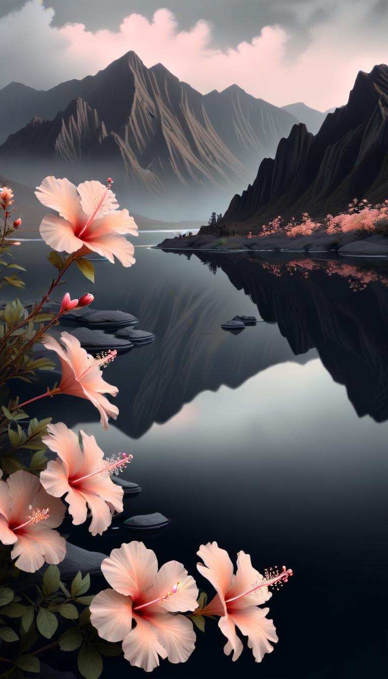 Hibiscus bloom by mountain lake Hibiscus bloom by mountain lake