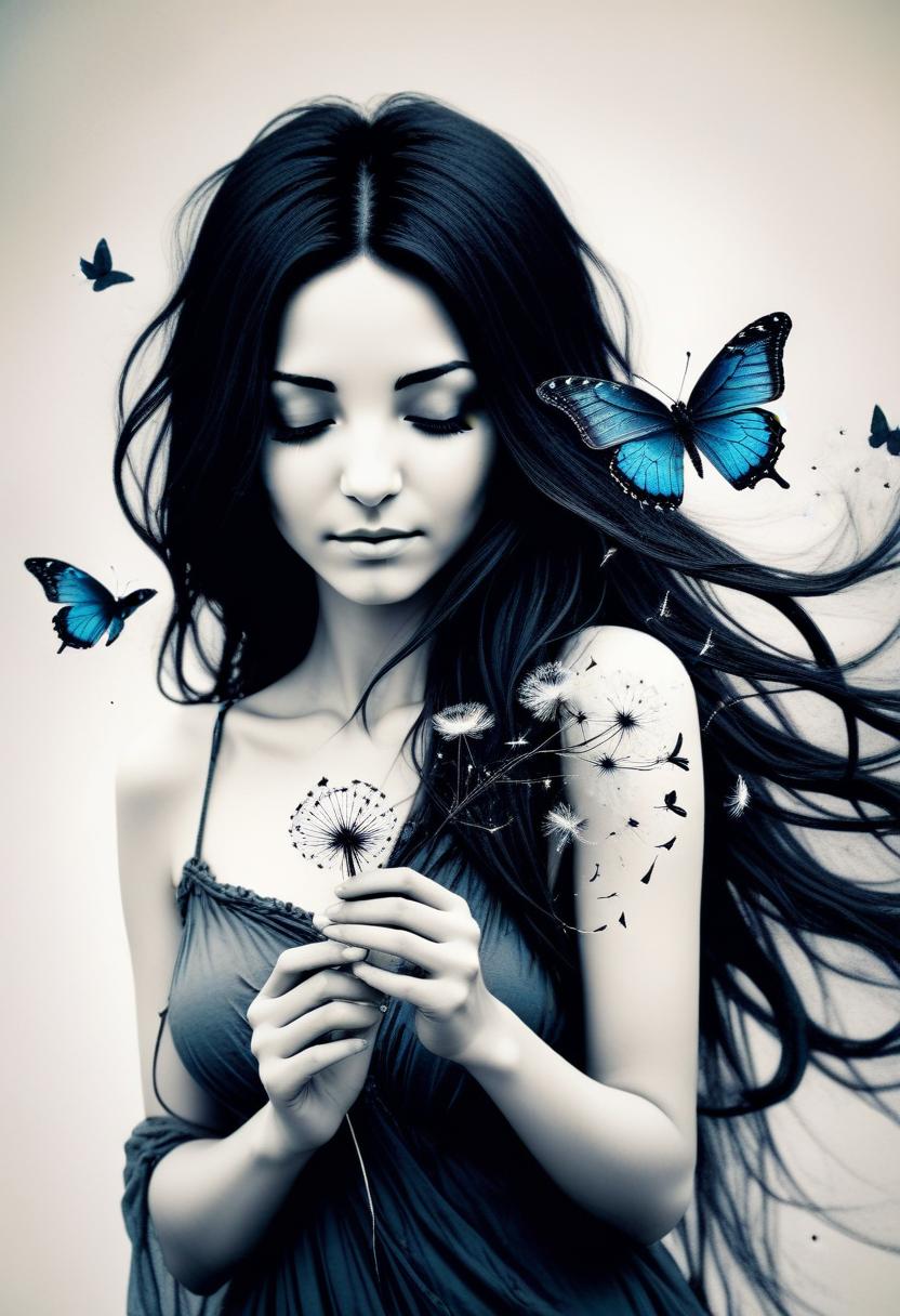 Woman holding dandelion with butterflies Woman holding dandelion with butterflies