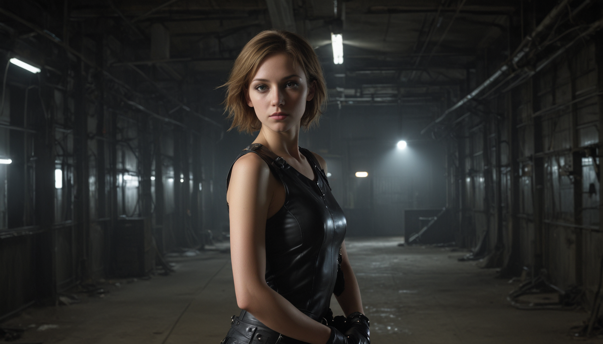 Woman in black leather jacket stands in alley Woman in black leather jacket stands in alley