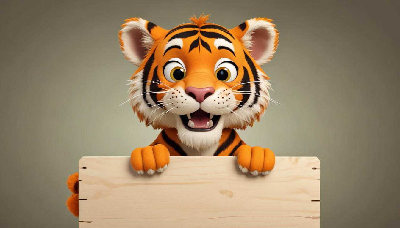 Smiling tiger holding wooden sign Smiling tiger holding wooden sign
