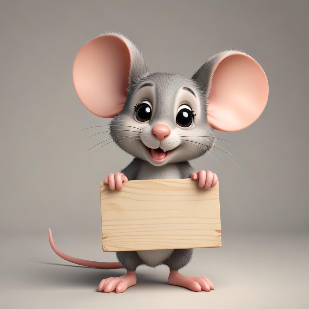 Smiling mouse holding wooden sign Smiling mouse holding wooden sign