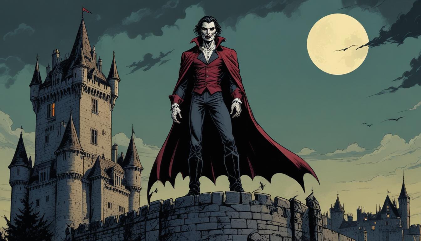 Vampire stands on castle wall at night Vampire stands on castle wall at night