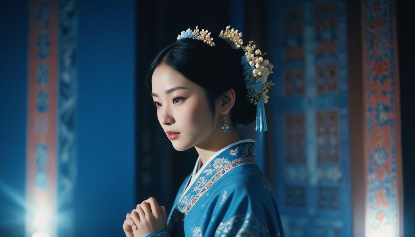 Woman in blue hanfu praying in palace Woman in blue hanfu praying in palace