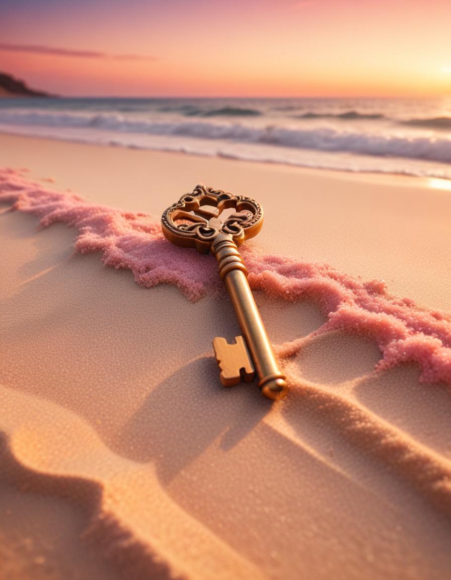 Ornate key on pink sand beach at sunset Ornate key on pink sand beach at sunset