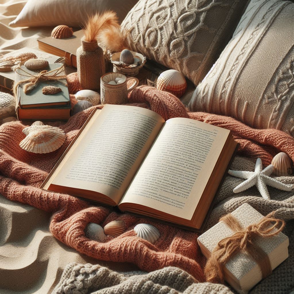Open book on knitted blanket with seashells Open book on knitted blanket with seashells