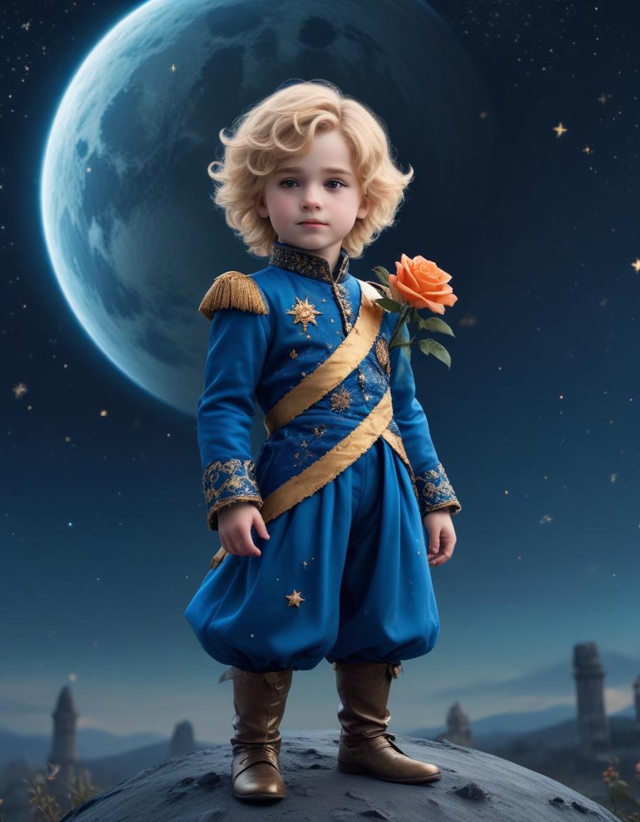 Little prince standing on a moonlit planet Little prince standing on a moonlit planet