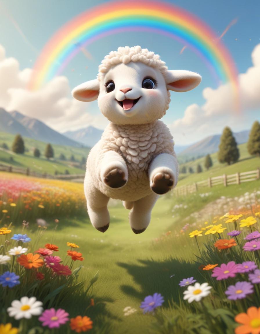 Smiling lamb leaping through field Smiling lamb leaping through field