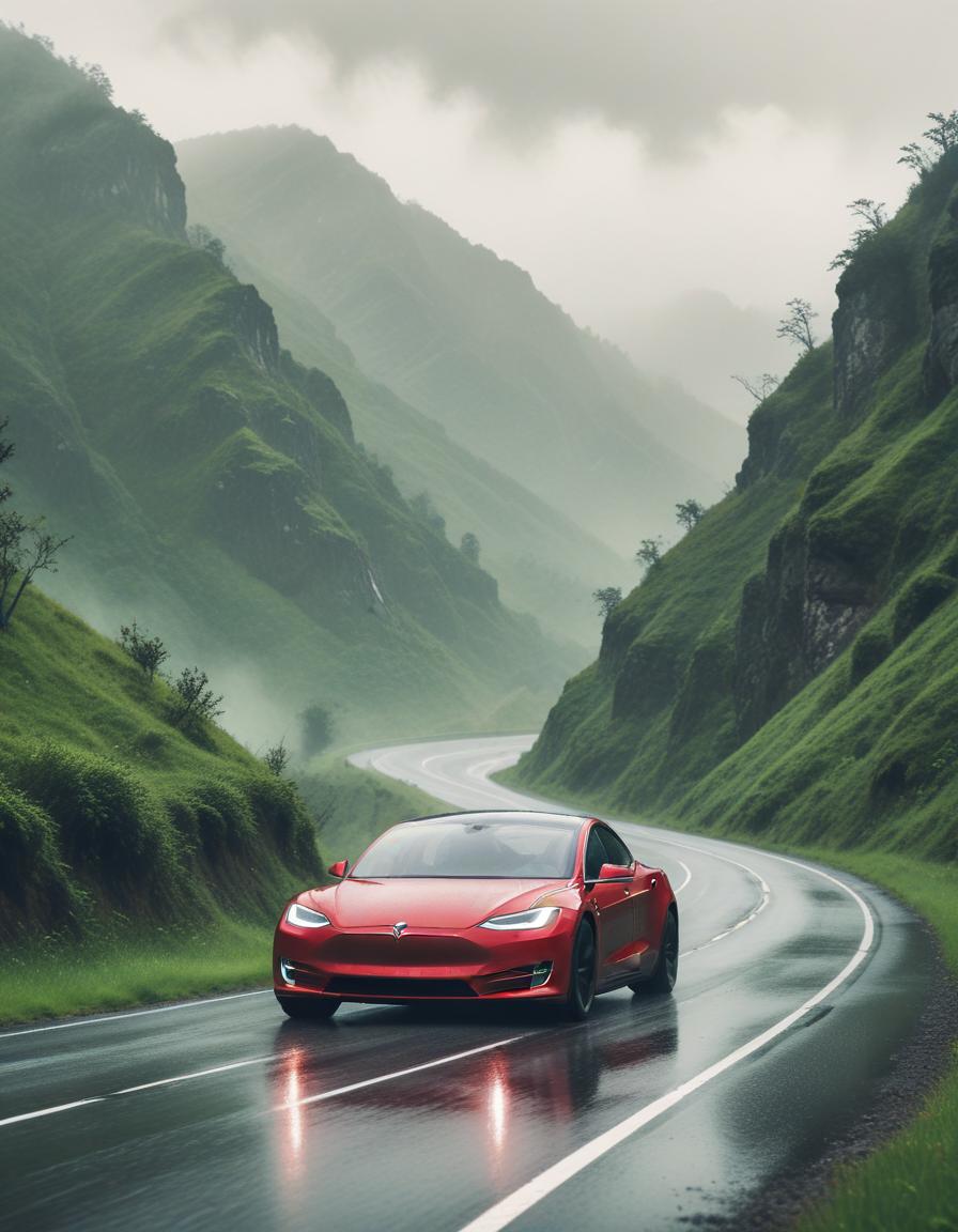 Red car driving through mountain pass Red car driving through mountain pass