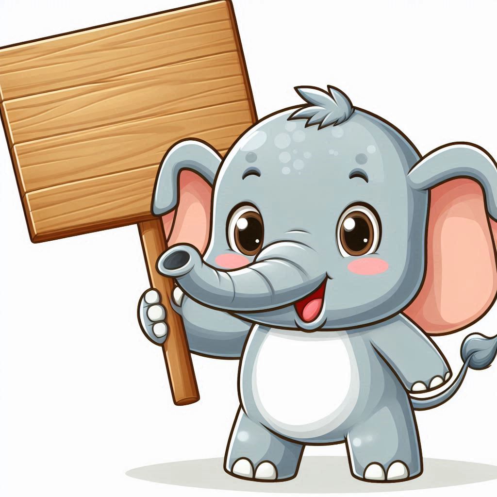 Happy elephant holding wooden sign Happy elephant holding wooden sign