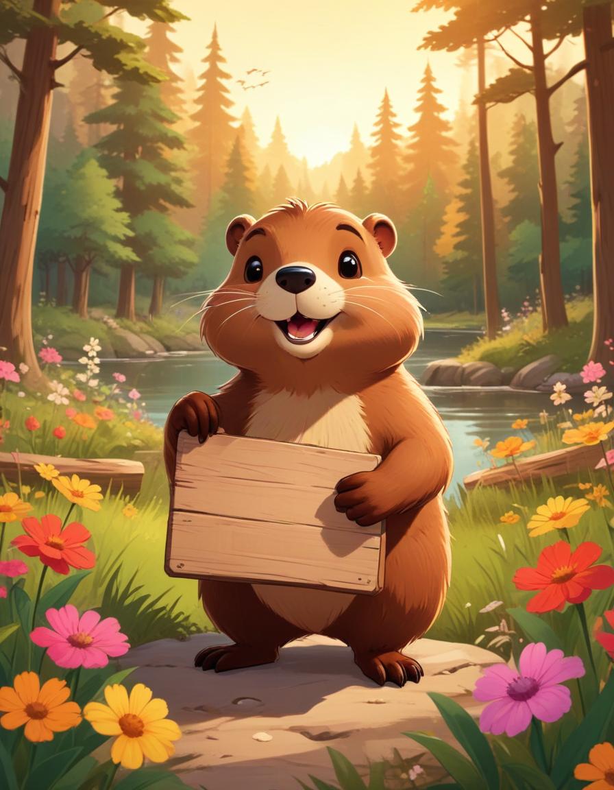 Smiling marmot holding sign in forest Smiling marmot holding sign in forest