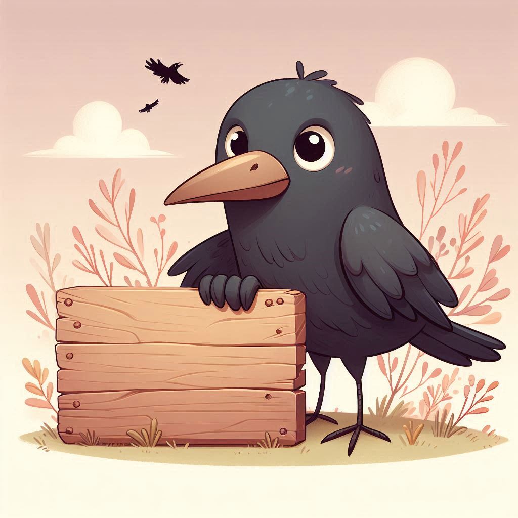 Crow holding wooden sign Crow holding wooden sign