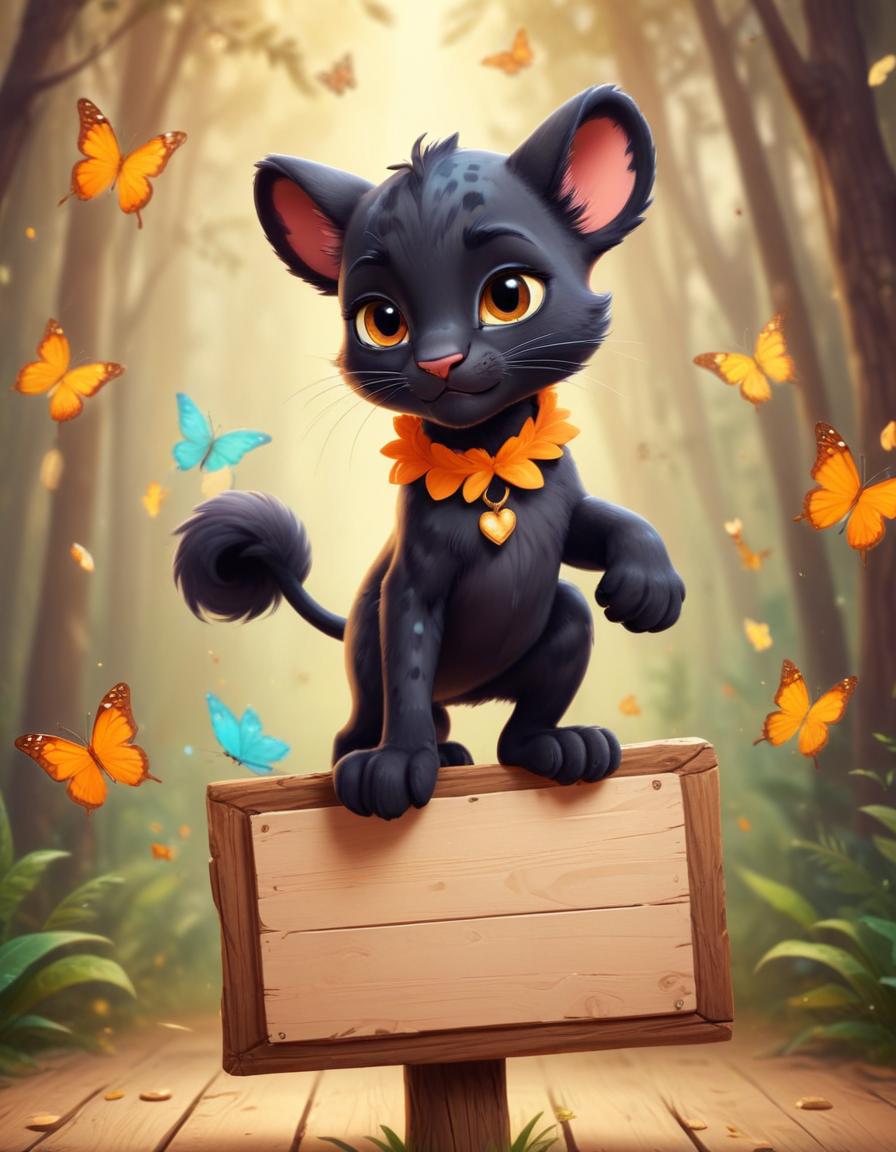 Black panther kitten on sign in forest Black panther kitten on sign in forest