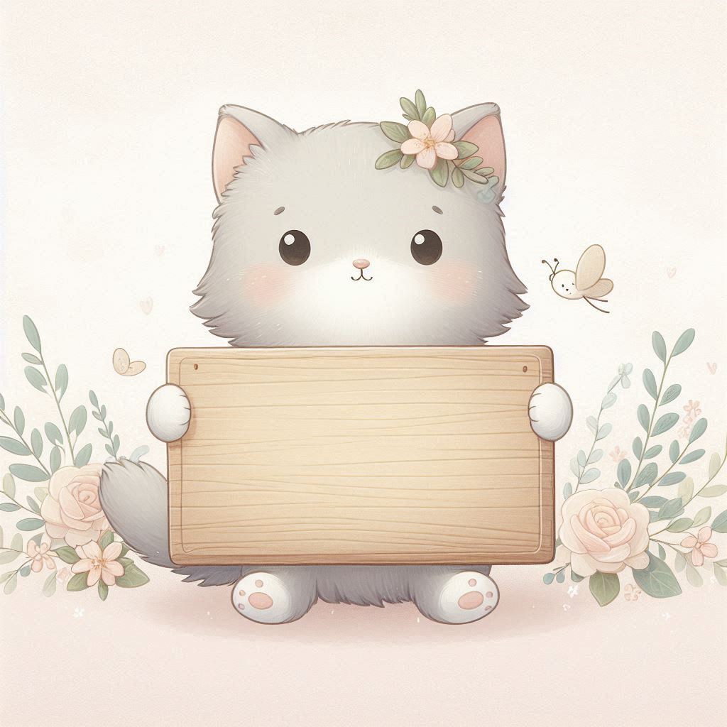 Cute cat holding wooden sign in flowers Cute cat holding wooden sign in flowers