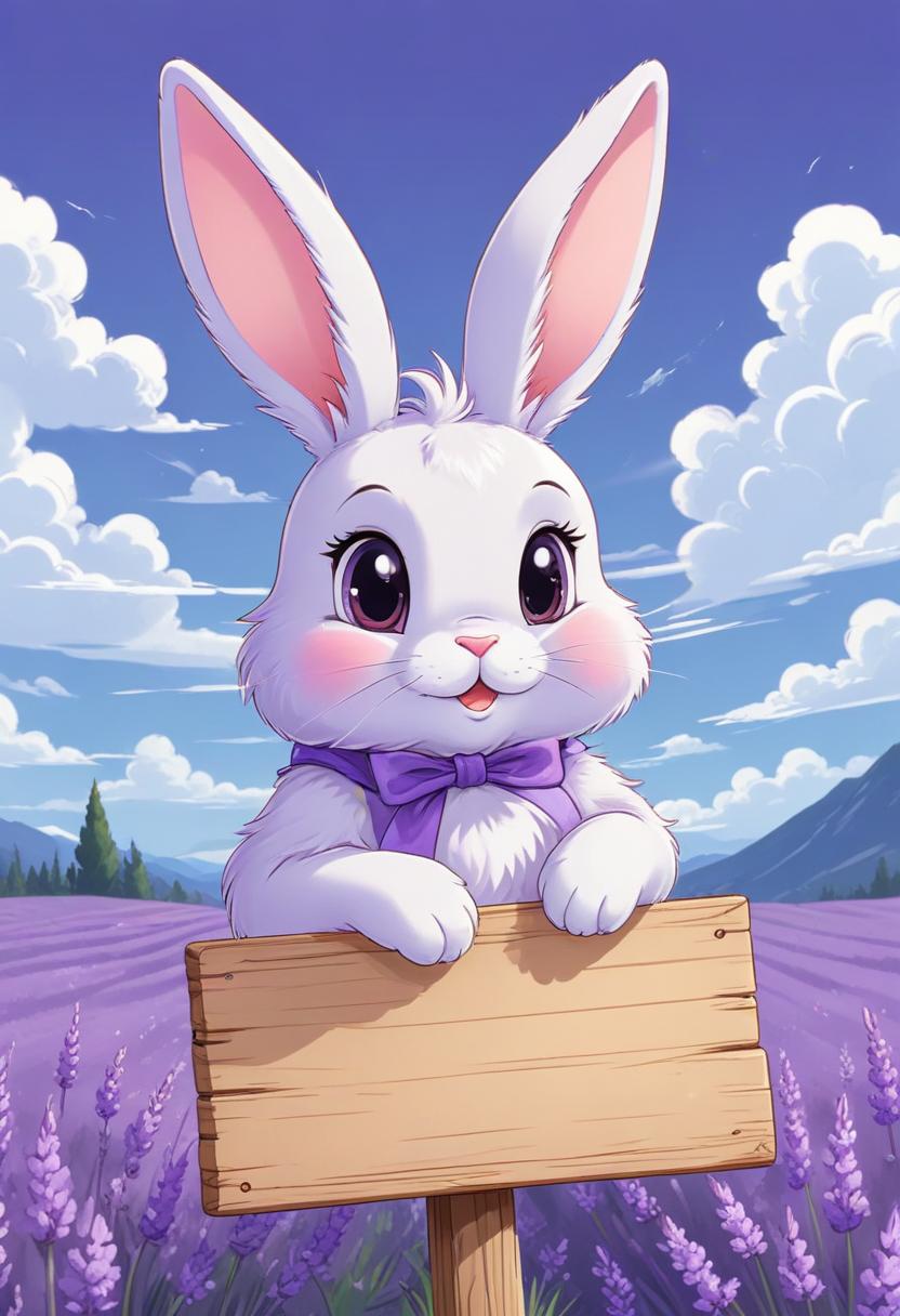 White bunny posing with sign in lavender field White bunny posing with sign in lavender field