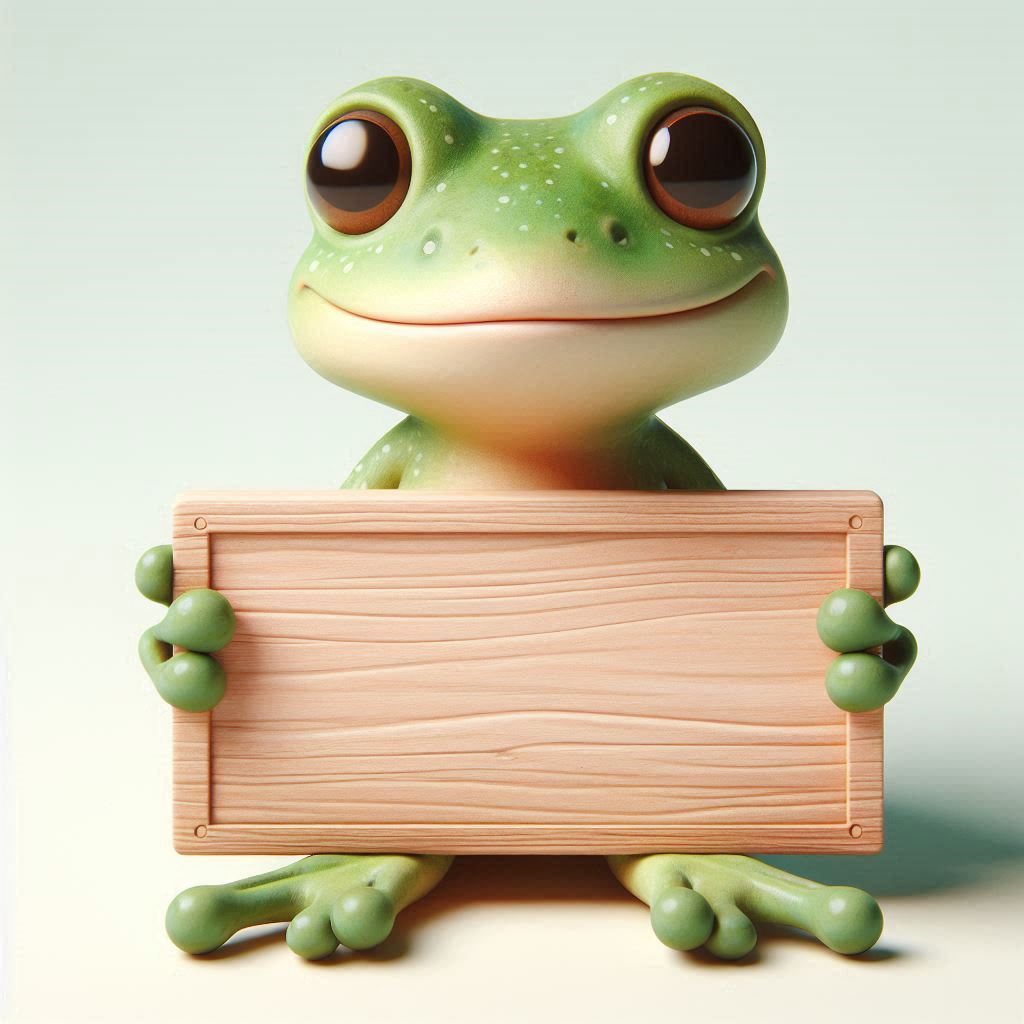 Smiling frog holding wooden sign Smiling frog holding wooden sign