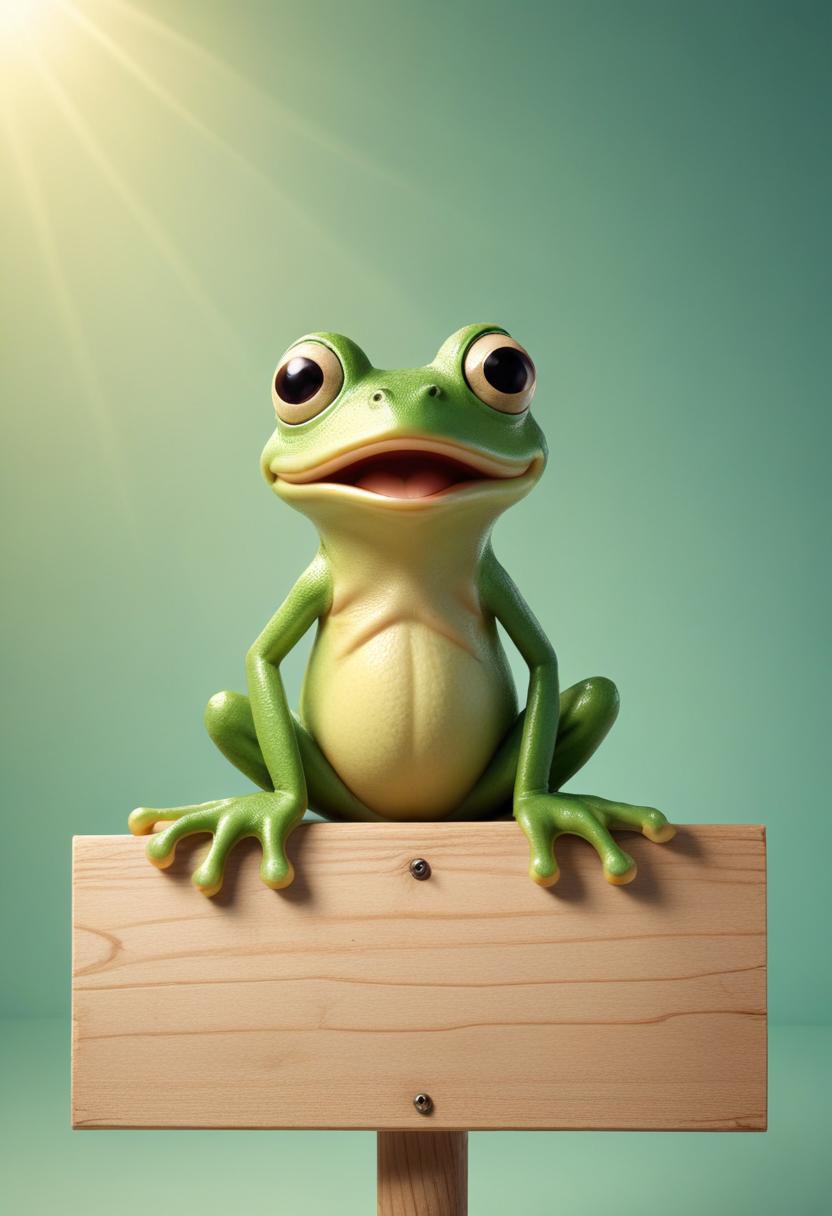 Green frog sitting on wooden sign Green frog sitting on wooden sign