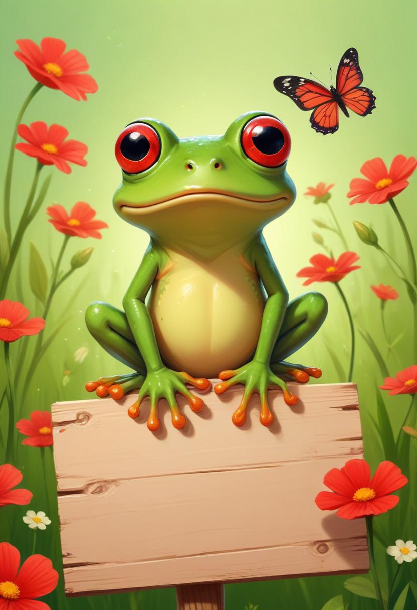 Green frog on sign in wildflower meadow Green frog on sign in wildflower meadow