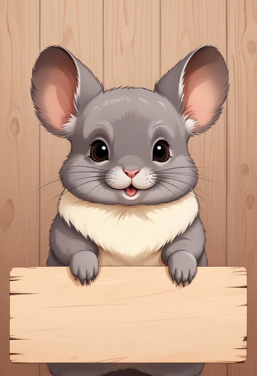 Smiling chinchilla holding a wooden sign Smiling chinchilla holding a wooden sign