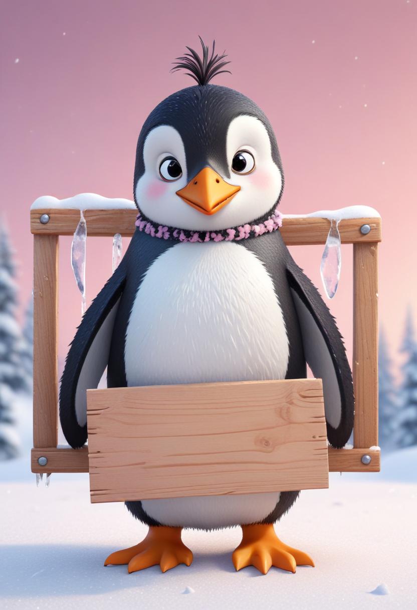 Penguin holding sign in snowy landscape Penguin holding sign in snowy landscape
