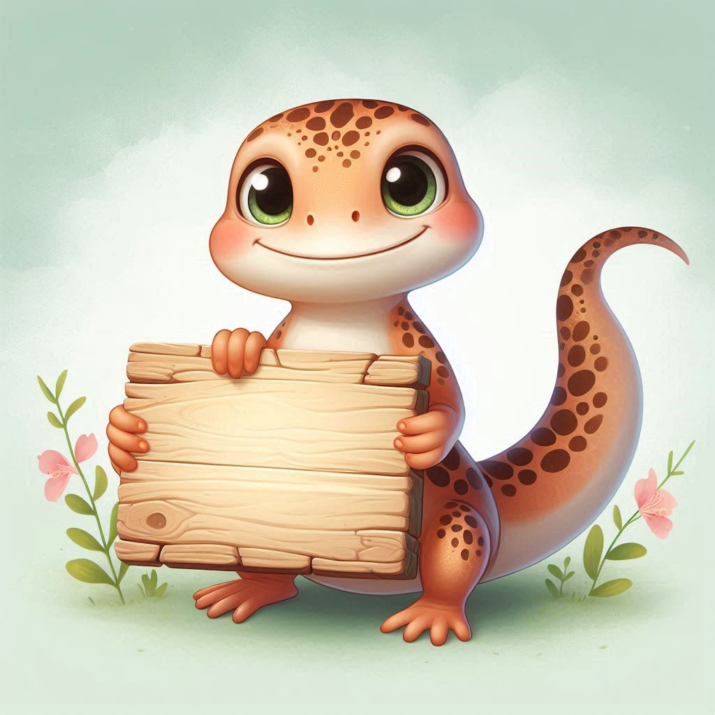 Smiling gecko holding wooden sign Smiling gecko holding wooden sign