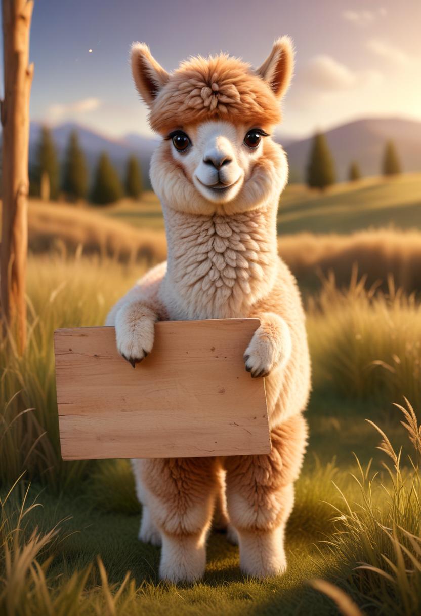 Alpaca holding sign in field Alpaca holding sign in field
