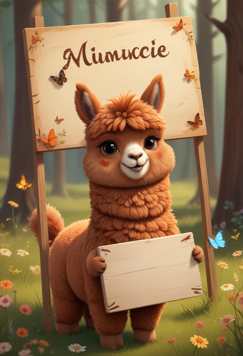 Alpaca holding blank sign in forest Alpaca holding blank sign in forest