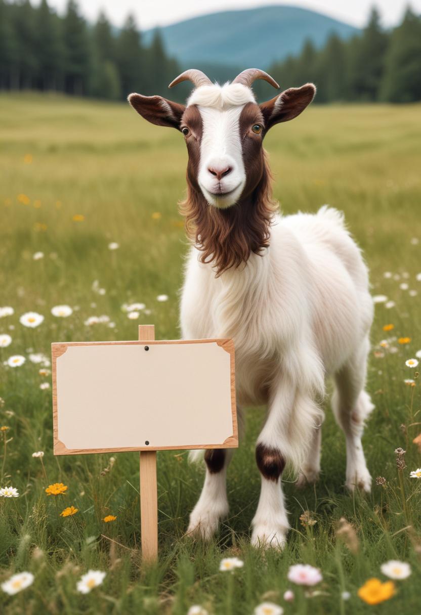 Goat stands by blank sign in meadow Goat stands by blank sign in meadow