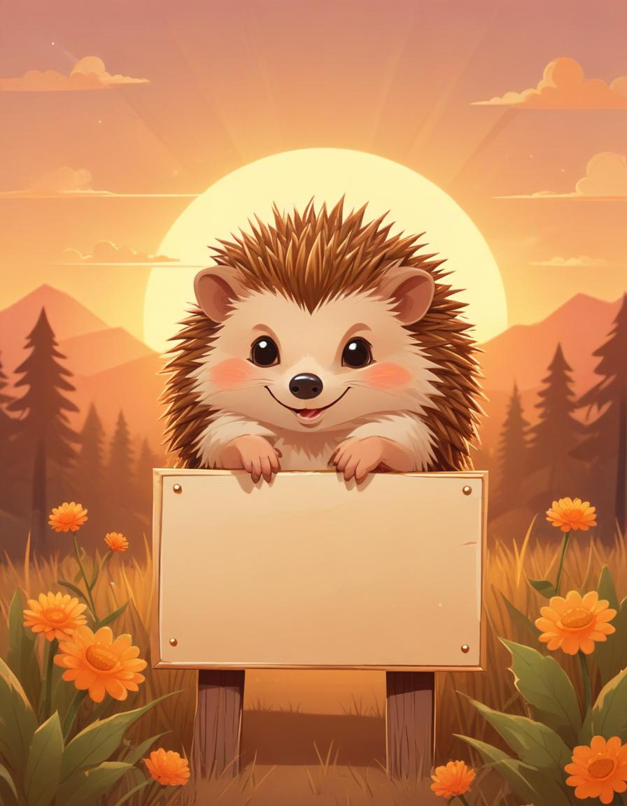 Hedgehog holding blank sign at sunset Hedgehog holding blank sign at sunset
