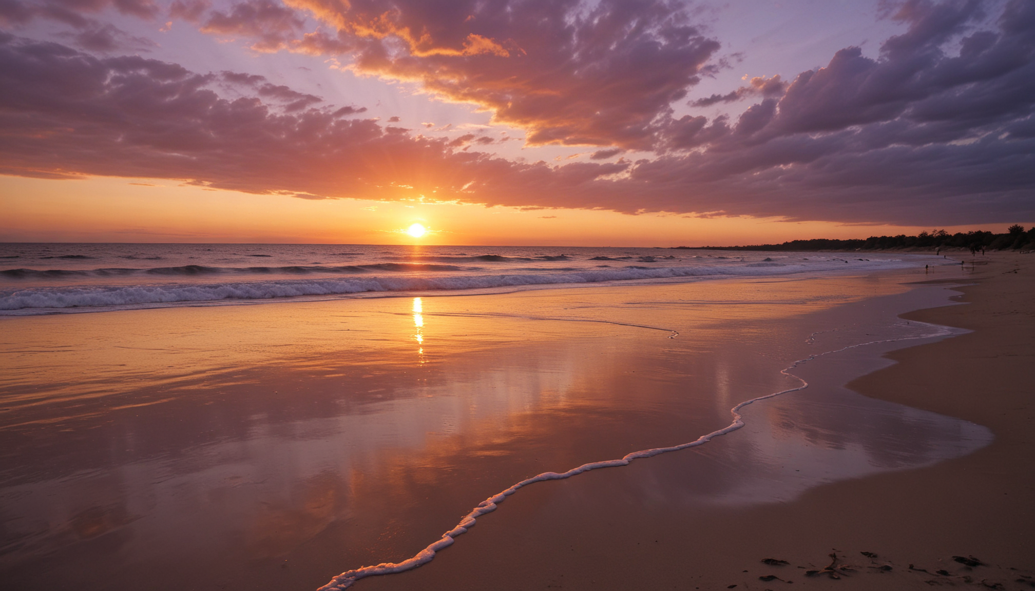 Sunset over beach with foamy waves Sunset over beach with foamy waves